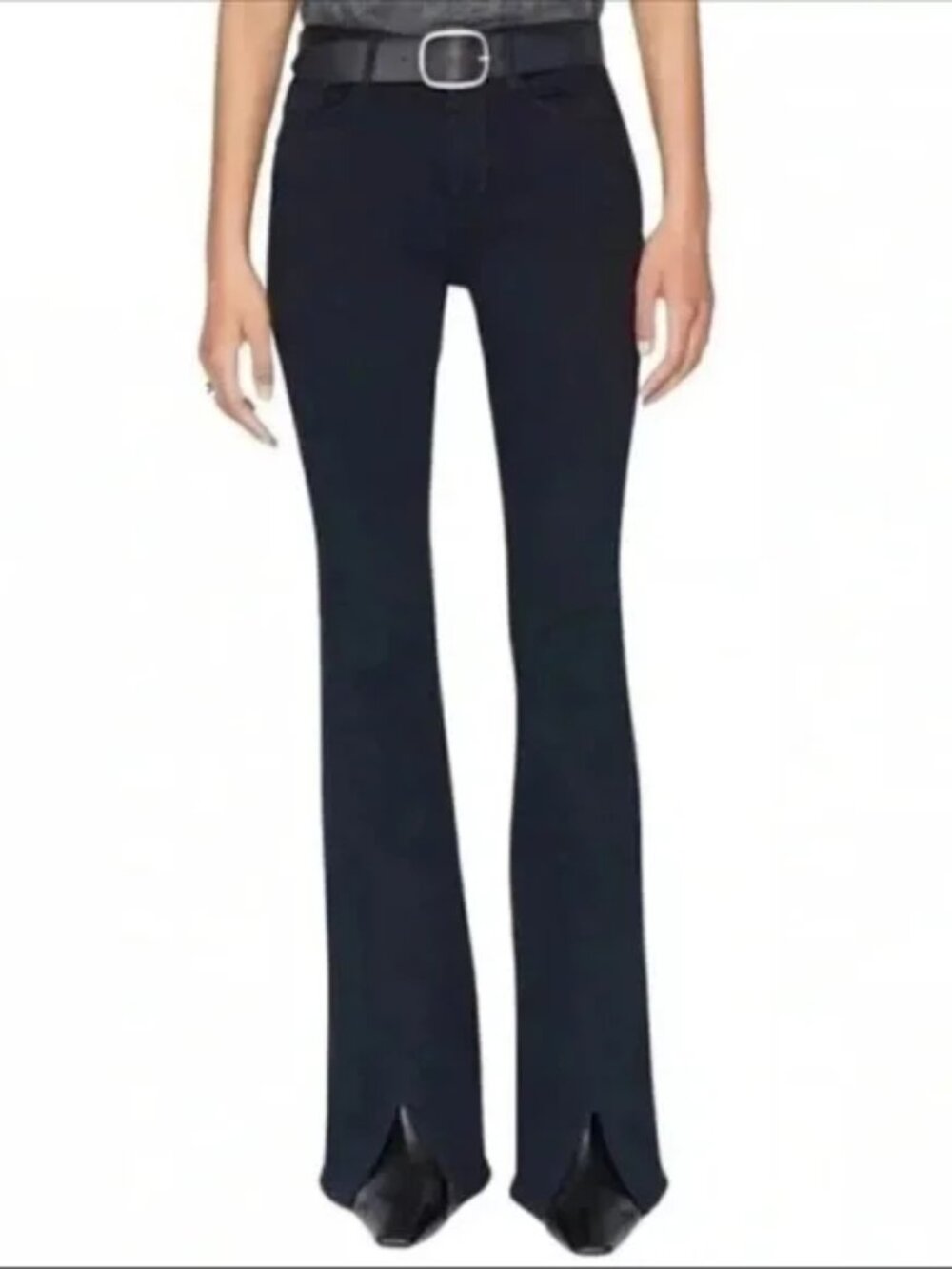 FRAME Denim Le One Flare High Slit Hem Waist Jeans Dark Blue Ultra Stretch 30 W